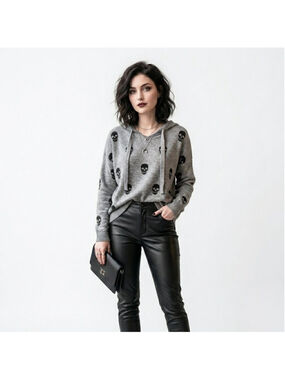 Aqua Cashmere Gray Skull Print Cashmere Hoodie - Large